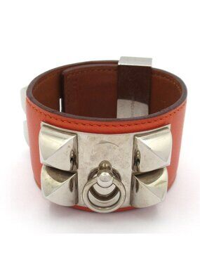 Hermes Bracelet Medallion Collier de Chien Leather Orange Silver Studs